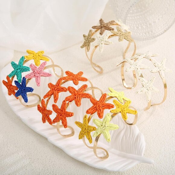 Handmade Raffia Starfish Cuff Bracelet Women Beach Tropical Adjustable Wide - Picture 6 of 7